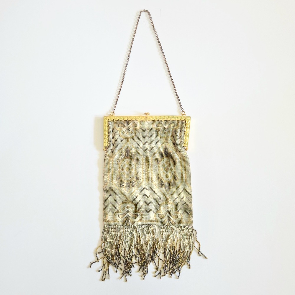 Vintage French Gold Color Beaded Purse Evening Bag W/ Fringe Retro Glam - Picture 3 of 8